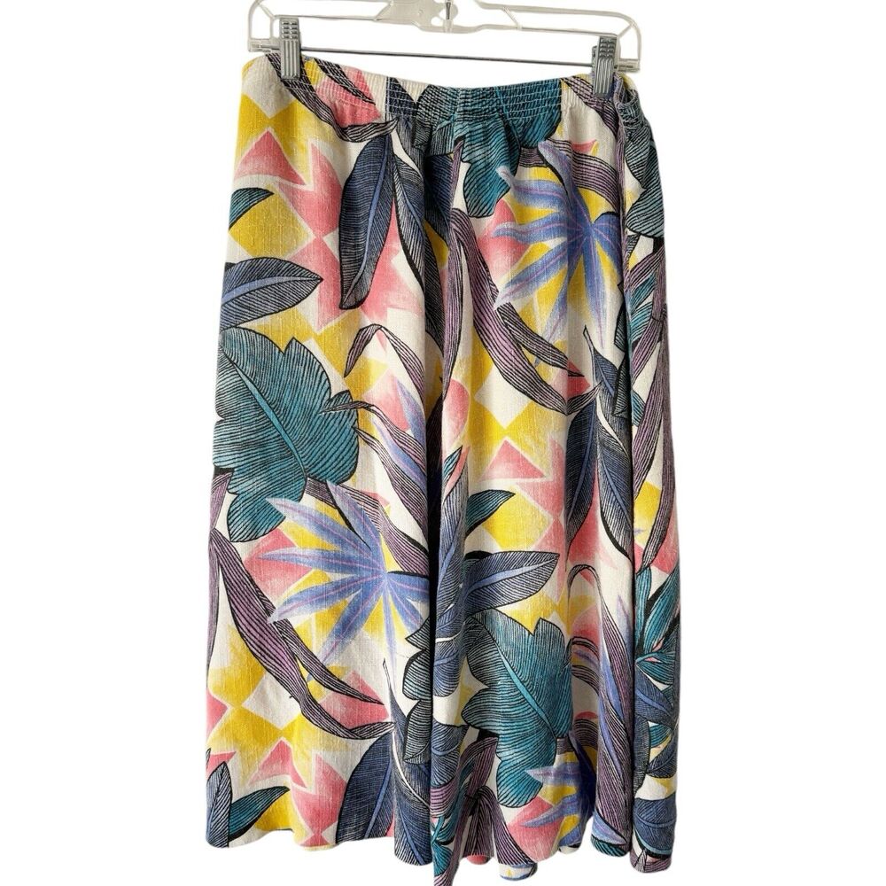 Folio By Fire Islander Woman Flax Blend Tropical Floral Pull On Midi Skirt Sz 12